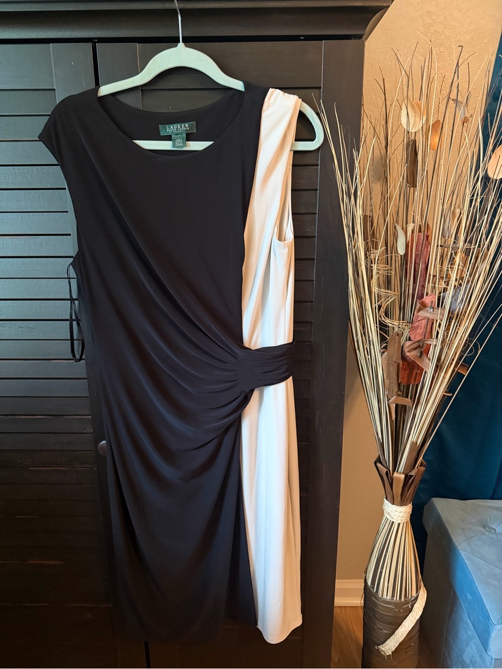 Ralph Lauren Black and Cream One-Shoulder Draped Midi Dress